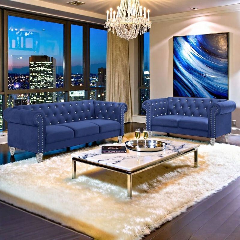 2-Piece Blue Couch Set &ndash; Sofa and Loveseat Sofas for Living Room Set image number 2