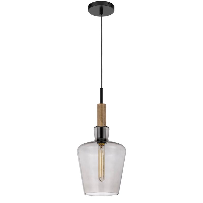 Pendant Light, Round Smoked Glass Shade, Brown Wood Accent, Black Metal image number 3