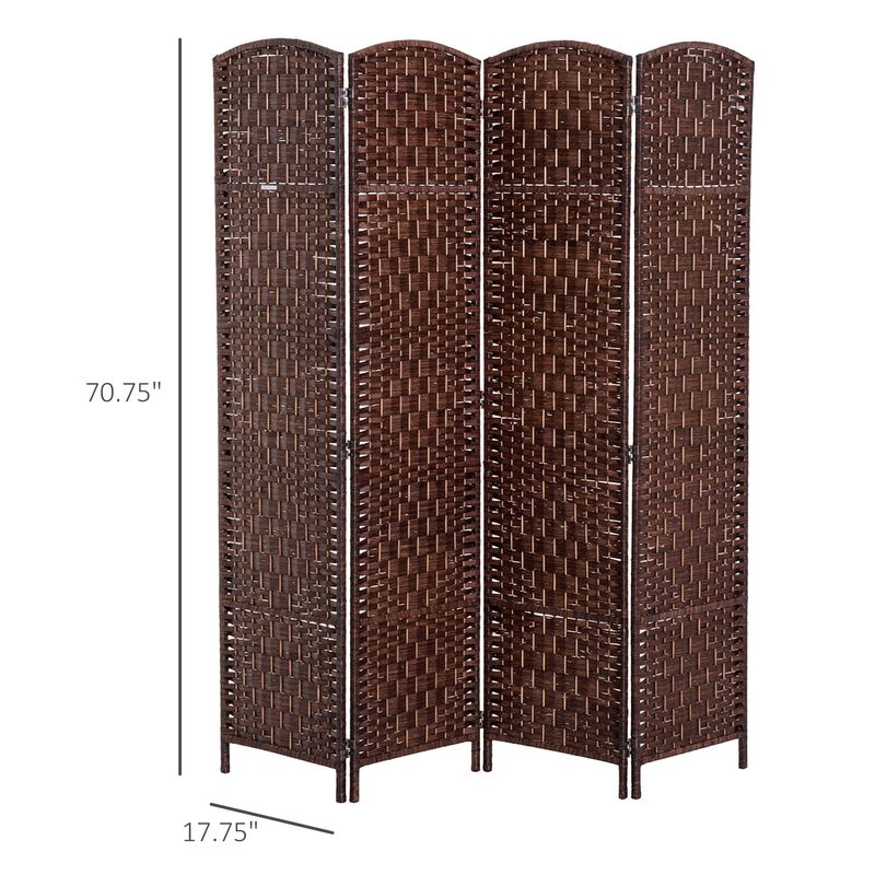 6' Tall Wicker Weave 4 Panel Room Divider Wall Divider, Brown