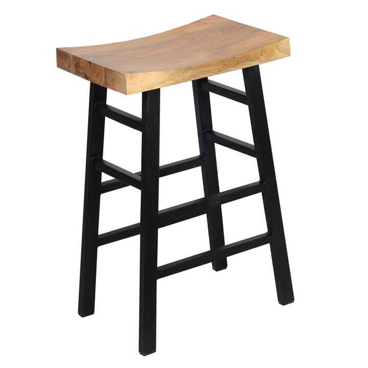 30 Inch Barstool with Saddle Style Wood Seat, Ladder Base, Brown and Black-Benzara