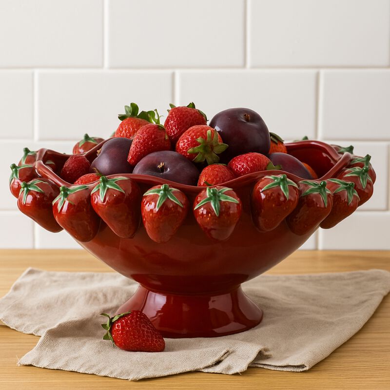 Randy Decorative Bowl, Sculpted Strawberry Rim, Glossy Red Ceramic