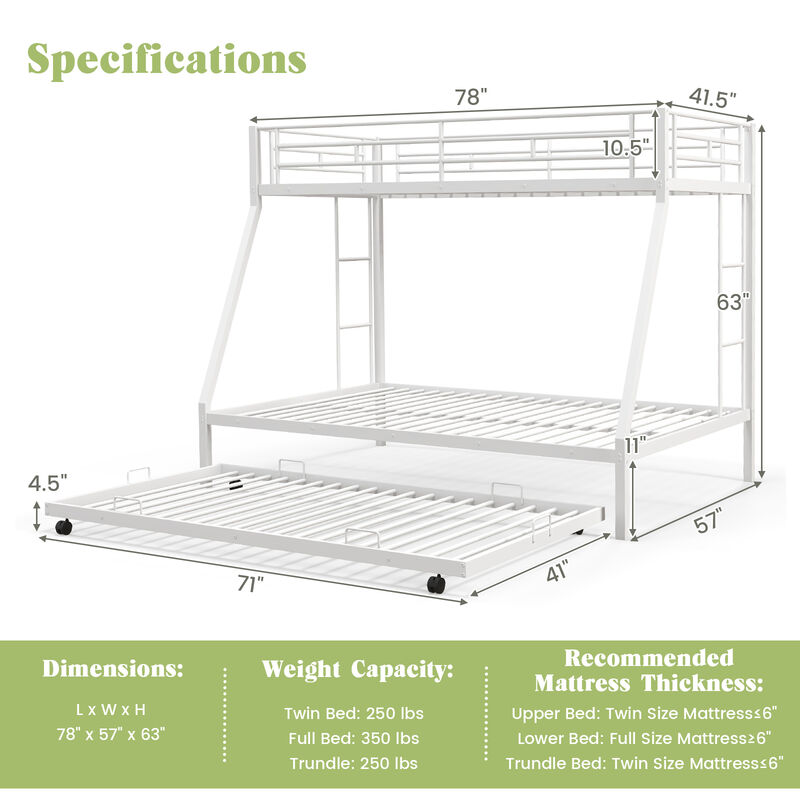 Twin Over Full Bunk Bed Frame with Trundle for Guest Room