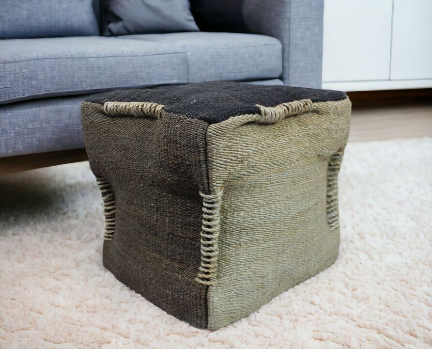 Hivvago 18 Inch Black and Taupe Jute Cube Pouf Ottoman