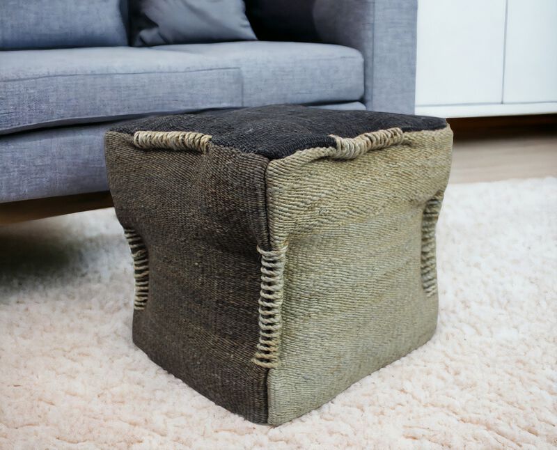 Hivvago 18 Inch Black and Taupe Jute Cube Pouf Ottoman