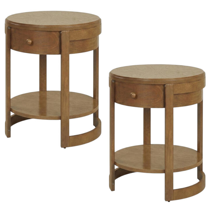 Set of 2 Round End Tables 2 Tier Mid Century Modern Side Tables for Small Spaces-Oak