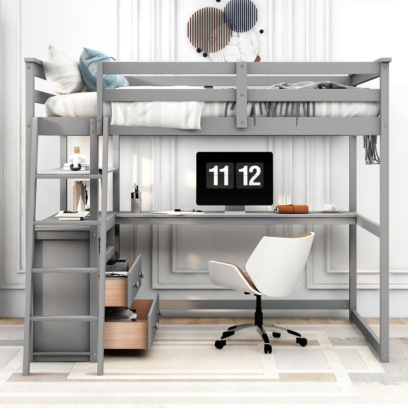 Merax Full Size Loft Bed with Desk and Shelves