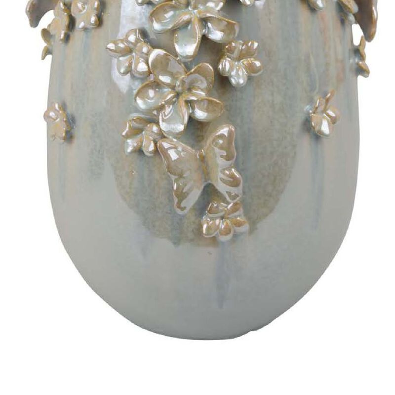 Accent Vase, Gray Silver Ceramic, Flowers and Butterflies, 14 Inch