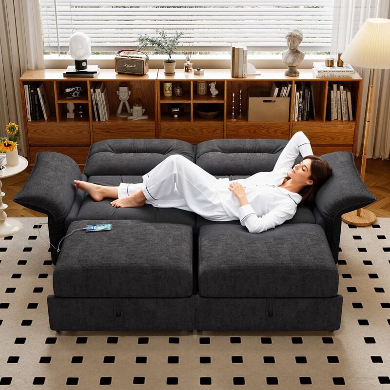 Convertible sleeper sofa bed, Plush fabric pull out futon with USB charging ports, 85 inch sofa bed for small spaces image number 3