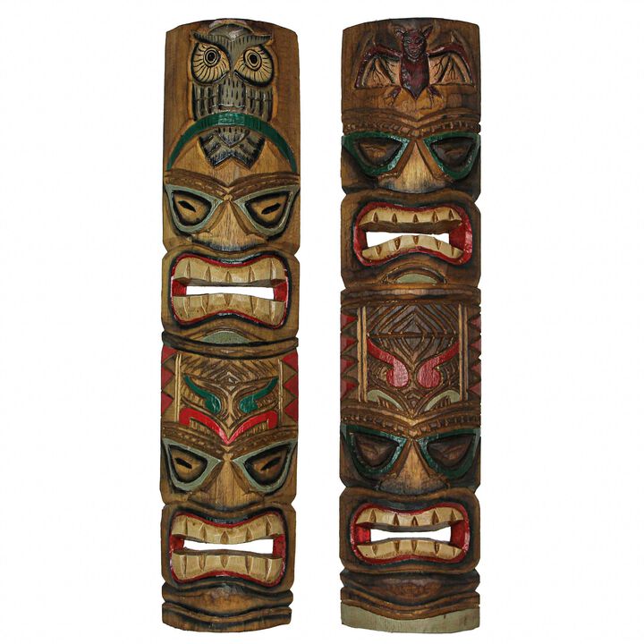 Set of 2 Tiki Mask Bat and Owl Totem Hand Carved Wall Decor Sculpture 24 Inch