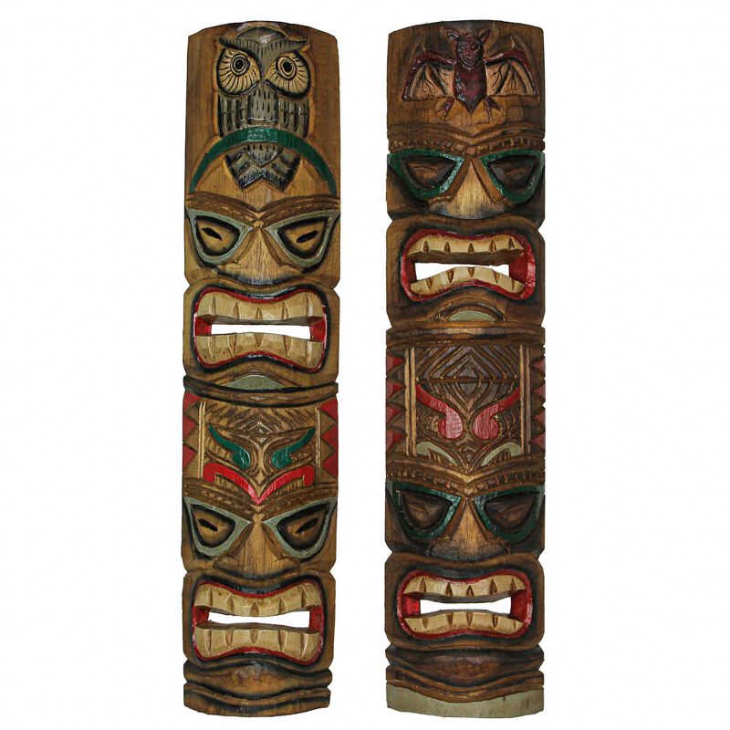 Set of 5 Double Tiki Mask Animal Totem Hand Carved Wall Decor Sculpture 24 Inch image number 2