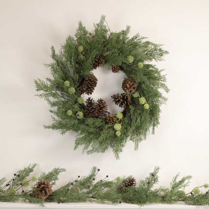 5' x 10" Pine and Blueberry Christmas Garland with Pinecones  Unlit