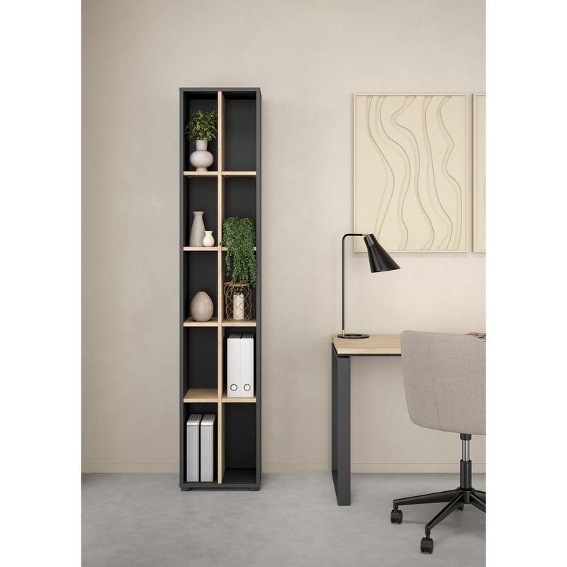Tvilum Sign Narrow 10 Shelf Bookcase/ bookcase with divider, Matte Grey/Jackson Hickory