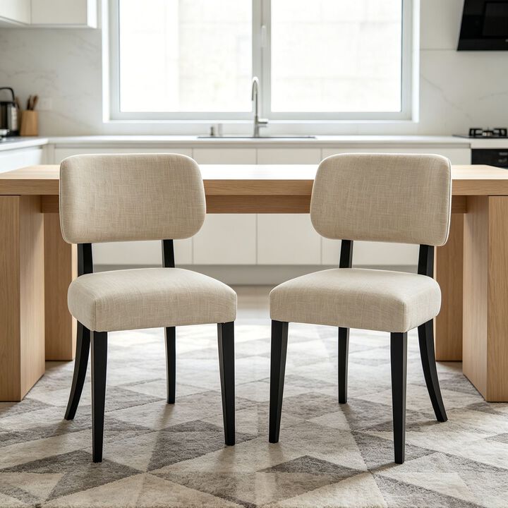 Envelor Linen Upholstered Pillow-Back Dining Chair with Black Wood Legs, Set of 2