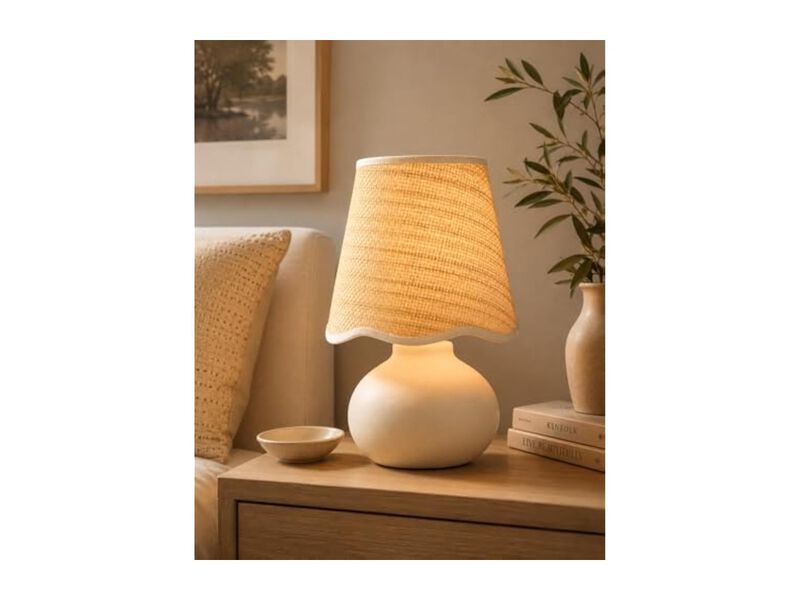Dimmable Boho Ceramic Rattan Table Lamp For Bedroom Nightstand Cream image number 2