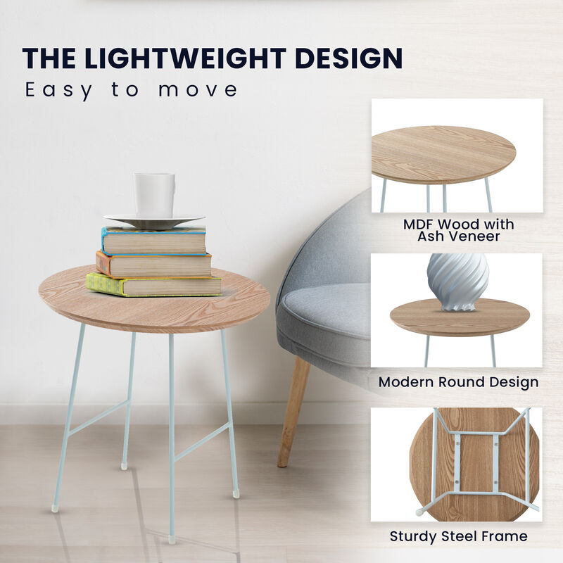 LeisureMod Rossmore Modern Round Side Table with White Steel Frame &ndash; Sleek Accent Table for Living Room, Bedroom, and Contemporary Spaces