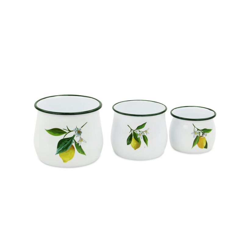 Homezia Set of 3 Lemon White Enamel Metal Canisters Vase