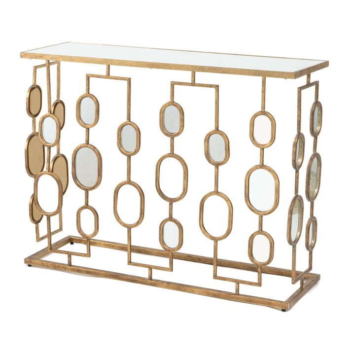 39 Inch Iron Console Table, Modern Contemporary Mirror Top, Rustic Gold