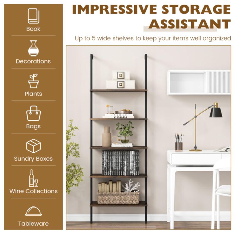Hivvago 5 Tier Ladder Shelf Wall-Mounted Bookcase with Steel Frame