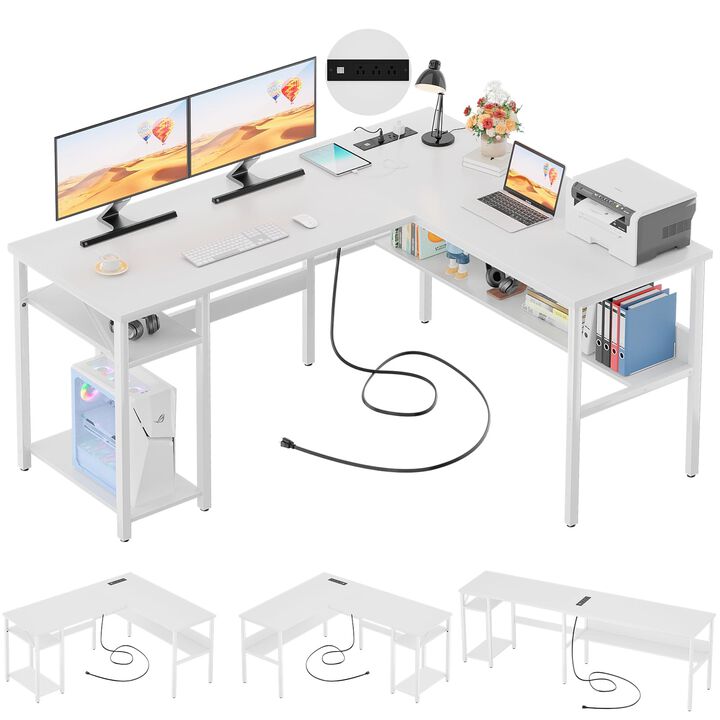 Unikito Reversible L Shaped Computer Desk with Magic Power Outlets and USB Charging Ports, Sturdy Corner Desk with Storage Shelv