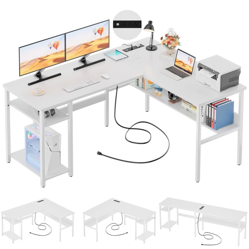 Unikito Reversible L Shaped Computer Desk with Magic Power Outlets and USB Charging Ports, Sturdy Corner Desk with Storage Shelv