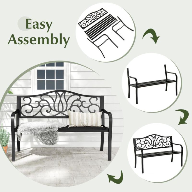 Hivvago 50 Inches Outdoor Garden Bench with Floral Design Backrest and Slatted Seat