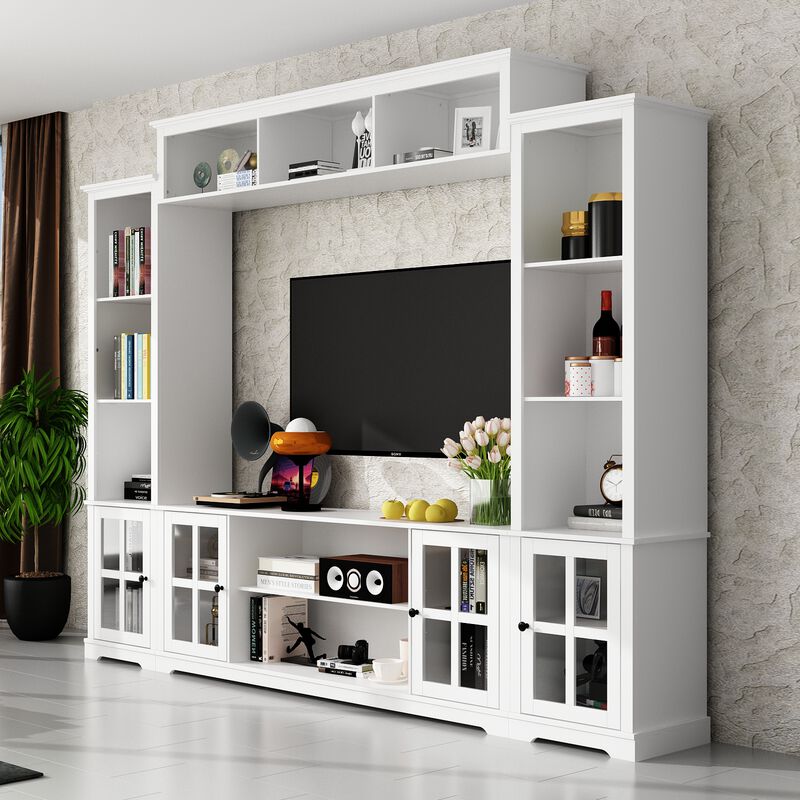 FUFU&GAGA 102-inch Modern TV Media Cabinet with Glass Cabinet Doors, Open Shelves, and Drawers, Made of White PB Board (102 in. W x 14.6 in. D x 78.2 in. H)