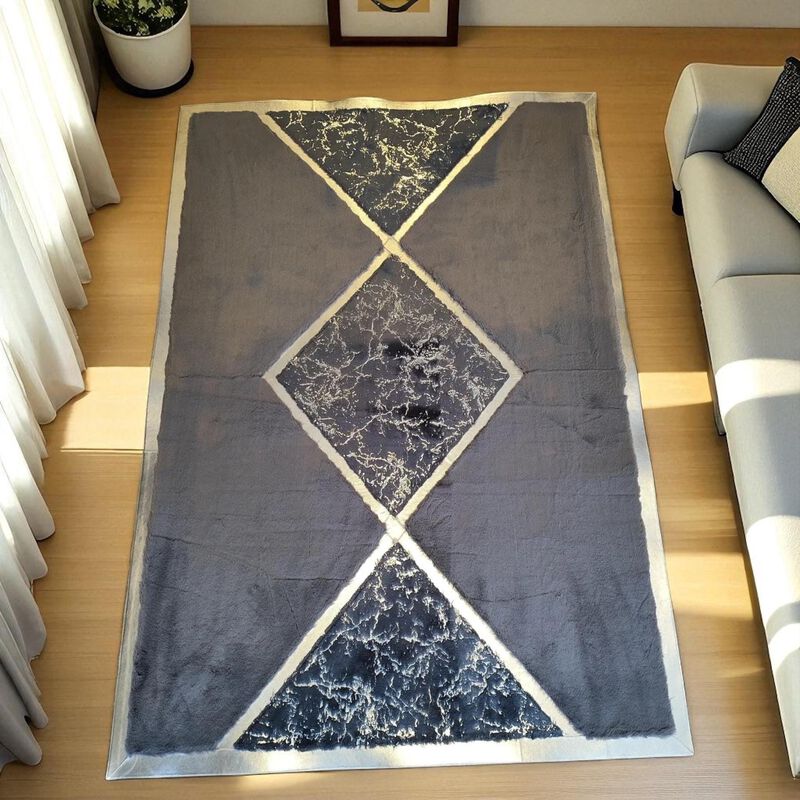Modern Plush Rug with Black Marble Diamond Center, Custom Size Available image number 1