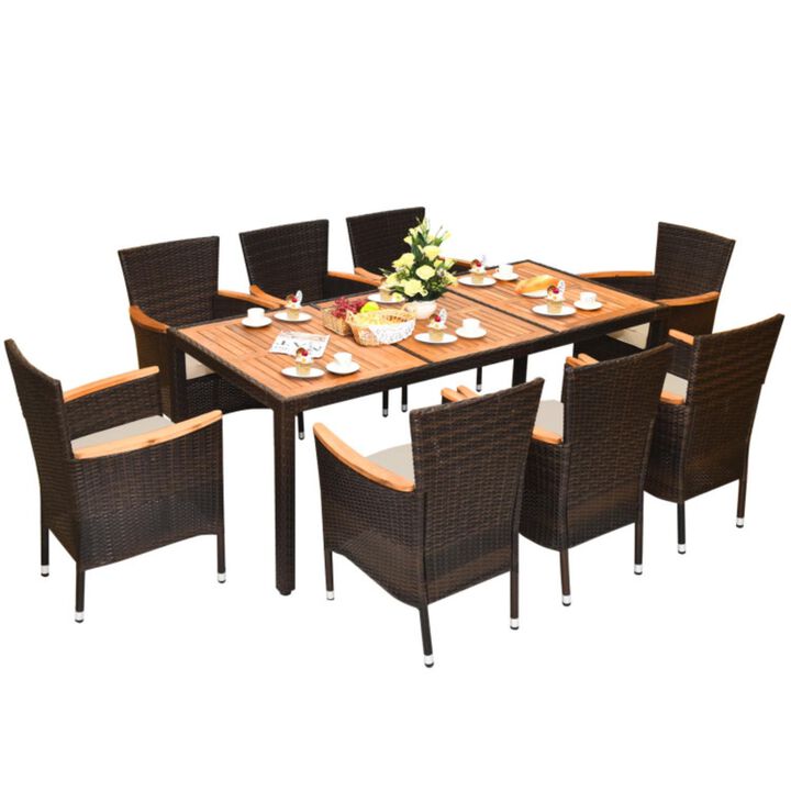 Hivvago 9 Pieces Rattan Dining Set with Acacia Wood Table and Stackable Cushioned Chairs