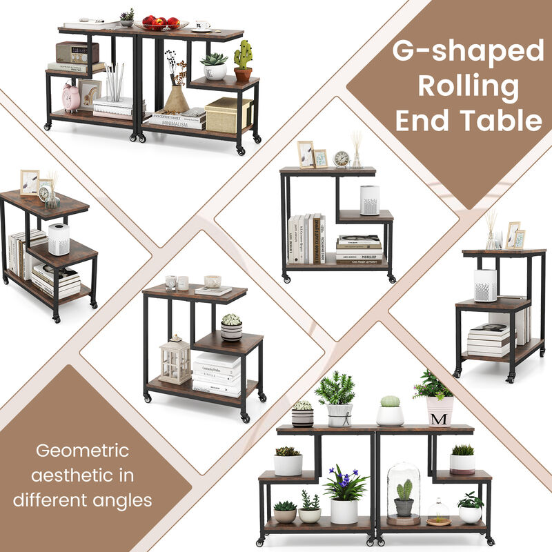 3-Tier Rolling Side Table with G-Shaped Frame and Open Display Shelves