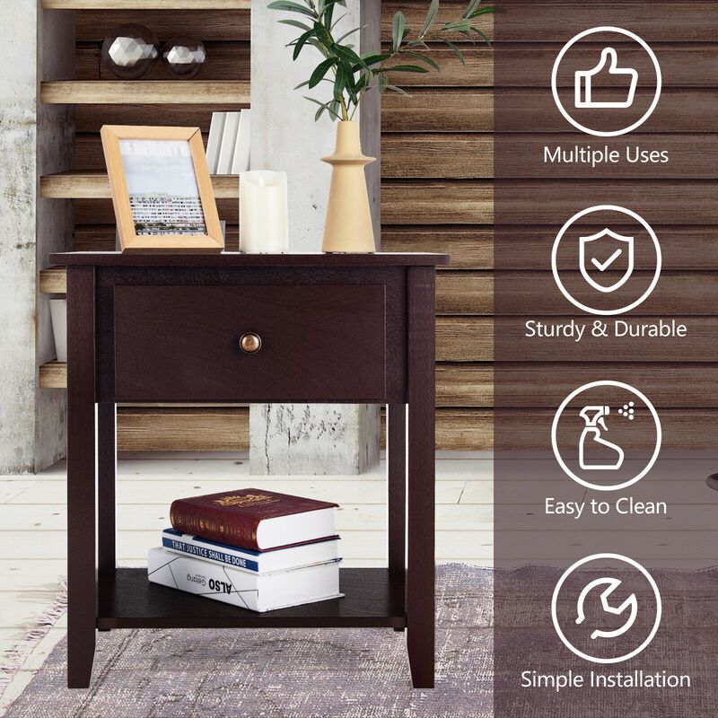 Nightstand with Drawer and Storage Shelf for Bedroom Living Room - Espresso