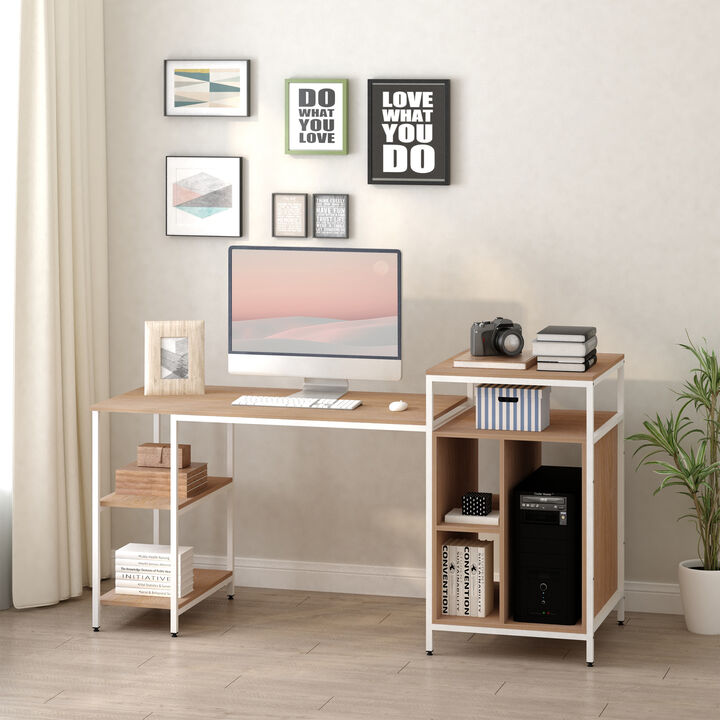 Computer Table with Shelves Home Office Desk Adjustable Feet, Wood Grain