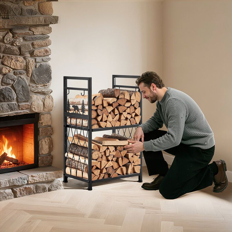 2-Tier Firewood Holder with Fireplace Tools, Heavy Duty Wood Storage Rack for Indoor Use-Black image number 1