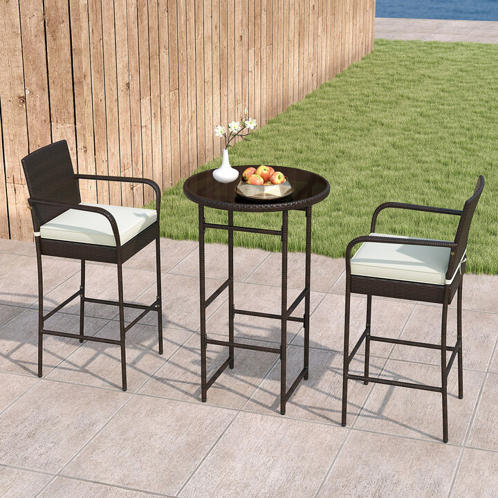 3 Piece Patio Bar Set with 2 Cushioned Seats for Outdoor Use-Off White