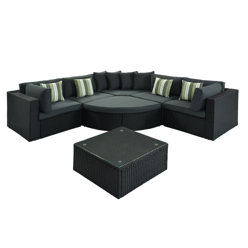 Whisen Outdoor Seating Sets, Rattan Sofa Lounger, With Striped Green Pillows, Conversation Sofa image number 0