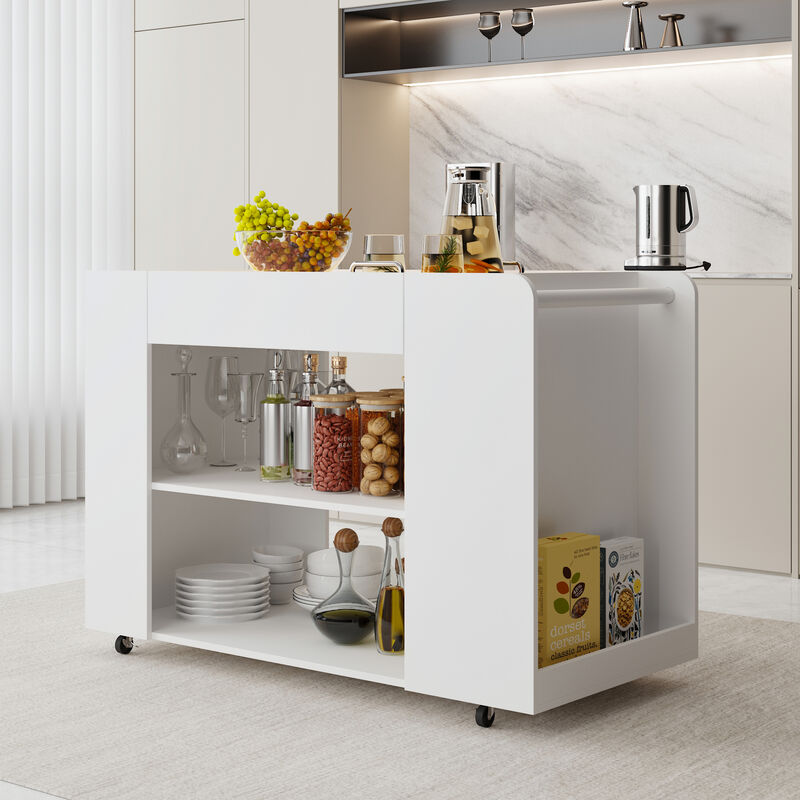 FUFU&GAGA Modern Three-Tier Utility Cart with Adjustable LED Light Strip, Drawer, Wave Lighting Effect, Water Wave Tempered Glass, and Locking Casters (47.8 in. W x 23.6 in. D x 33.9 in. H), White