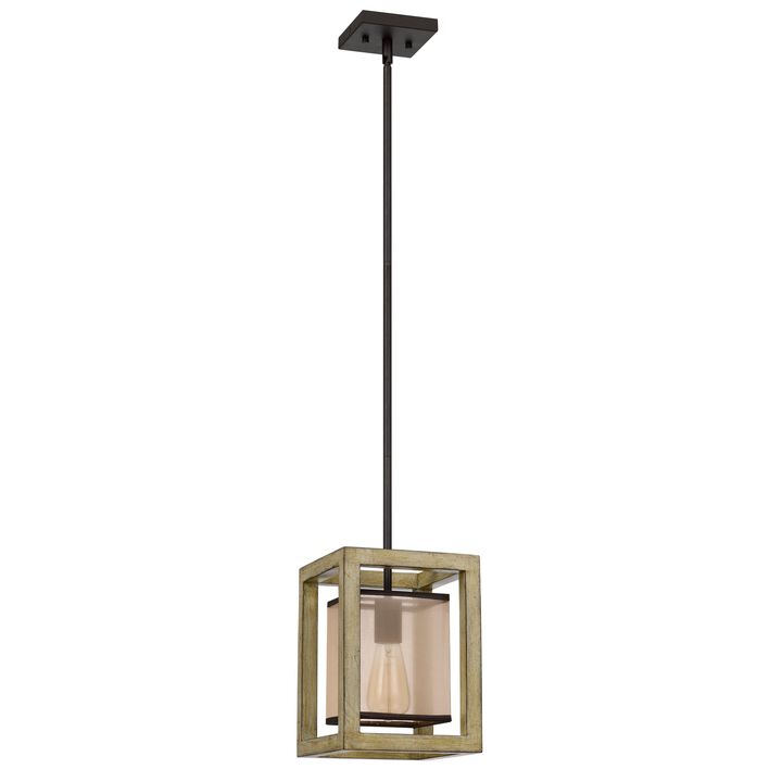 Acia 8 Inch Pendant Light, Rustic Brown Organza Shade, Wood, Metal - Benzara