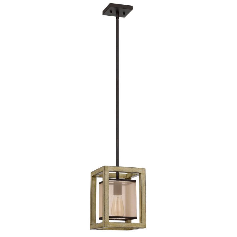 Acia 8 Inch Pendant Light, Rustic Brown Organza Shade, Wood, Metal - Benzara