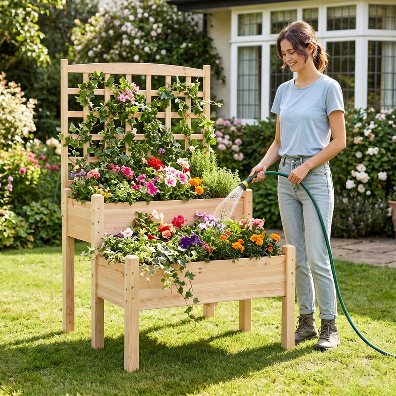 Wooden Raised Garden Bed with Trellis for Vines, Flowers and Vegetables image number 6
