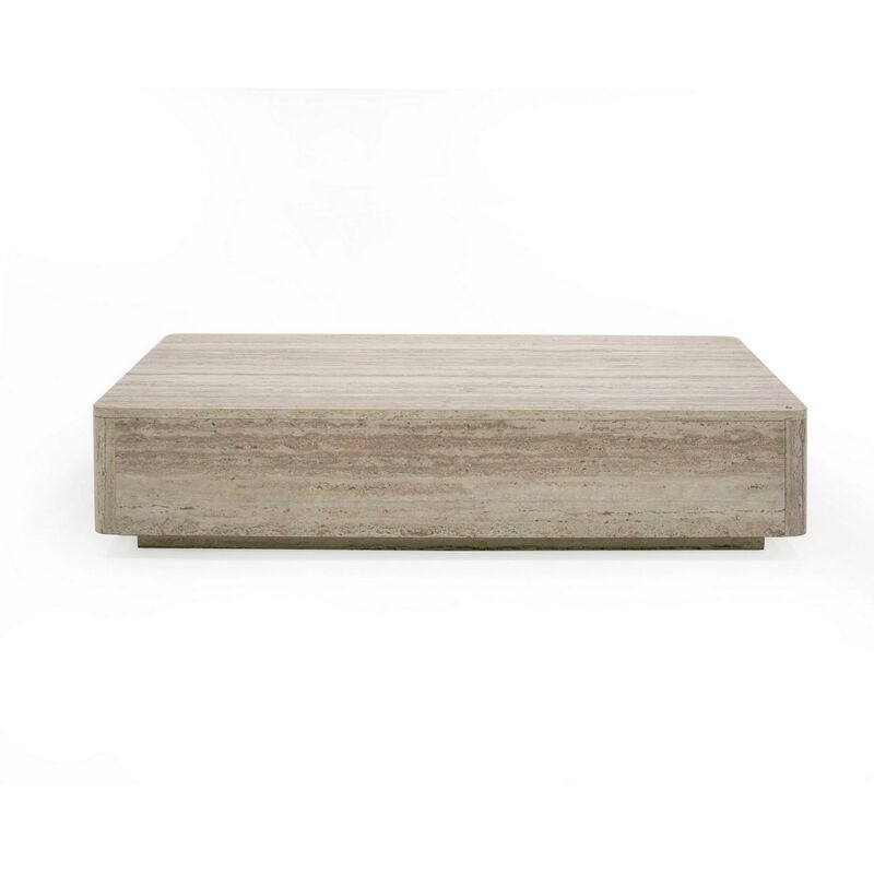 Lia 55 Inch Coffee Table, Rectangular Travertine Stone Finish Laminated Top image number 0