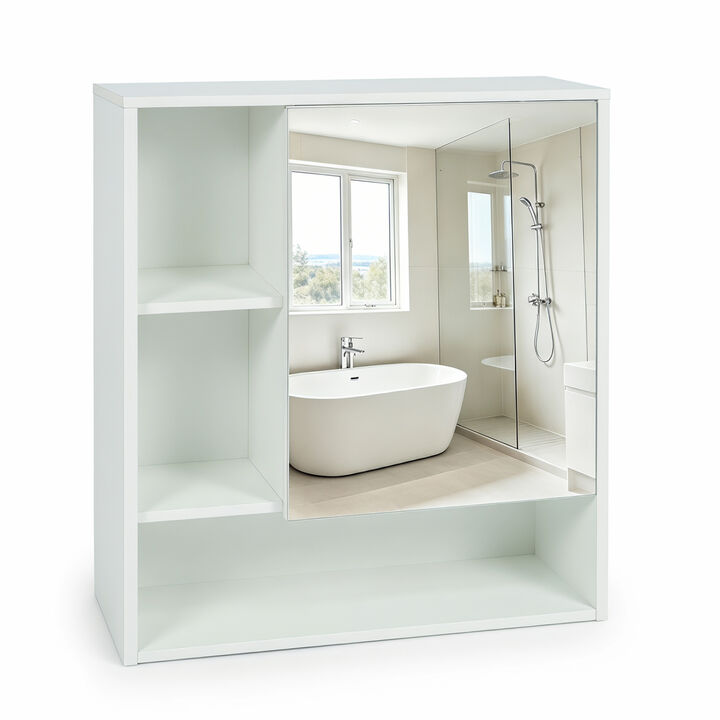Bathroom Wall Mirror Cabinet with 2 Hidden Shelves and 3 Open Cubbies