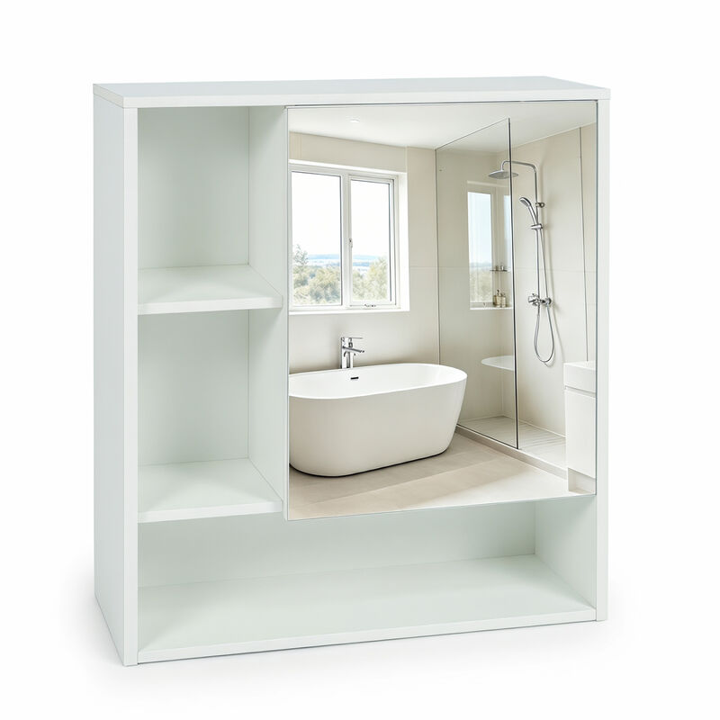 Bathroom Wall Mirror Cabinet with 2 Hidden Shelves and 3 Open Cubbies image number 0