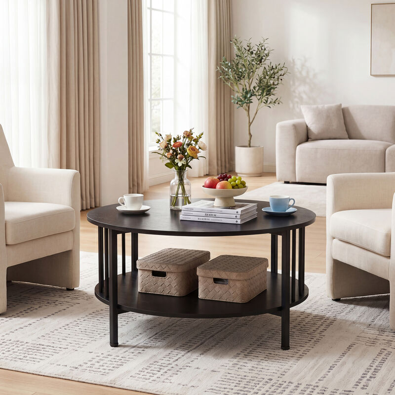 2 Tier Round Coffee Table with Open Storage Shelf and Metal Frame image number 3