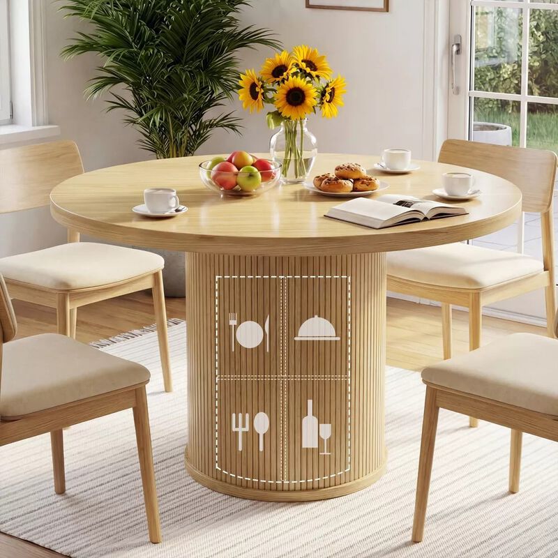 Vipbear 35.43" Round Dining Table for 4, Modern Wooden Kitchen Table with Built-in Storage Shelves image number 8