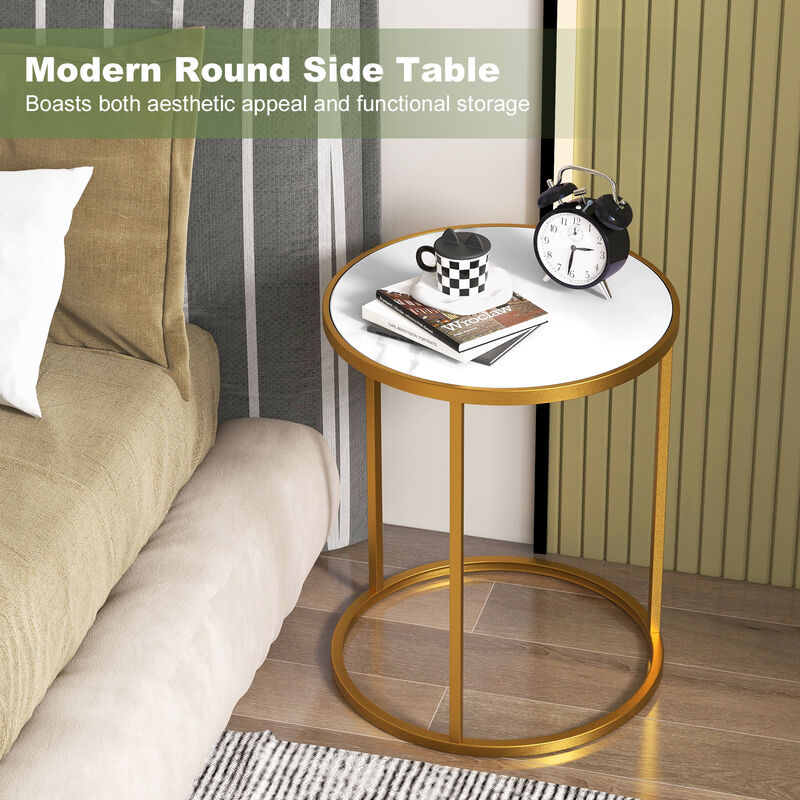 16 Inch Marble Top Round Side Table with Golden Metal Frame for Living Room Bedroom