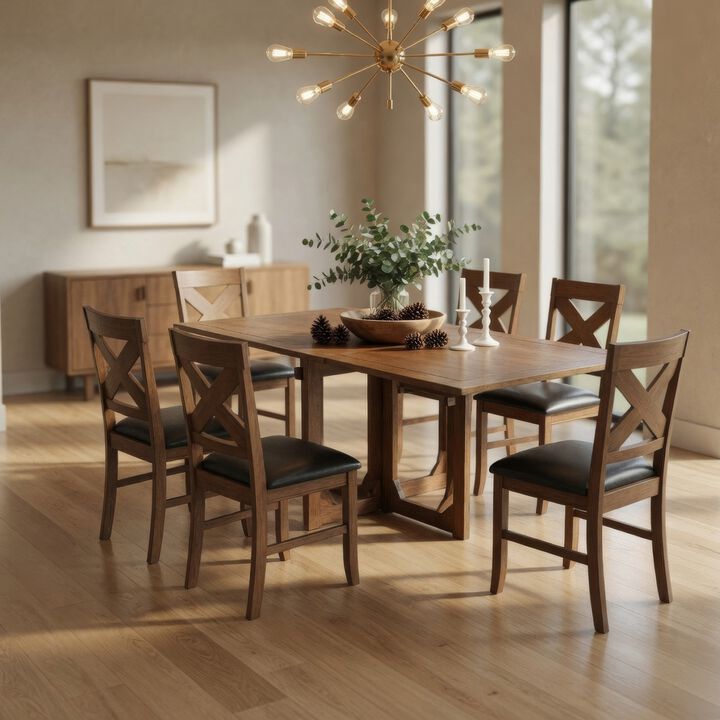 Hosa 7pc Rectangular Dining Table Set, Faux Leather Seats, Brown Mango Wood