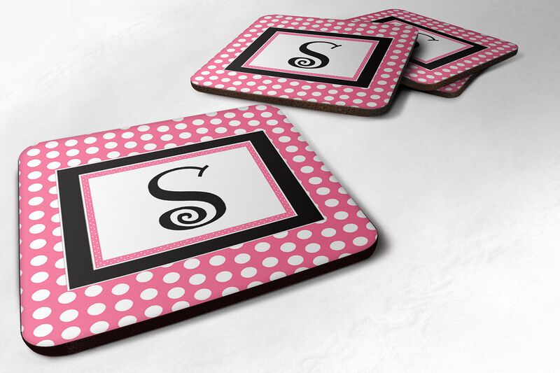 Caroline's Treasures CJ1001-SFC Monogram-Pink Black Polka Dots Foam Coasters (Set of 4), Initial Letter S, 3.5 H x 3.5 W, Multicolor