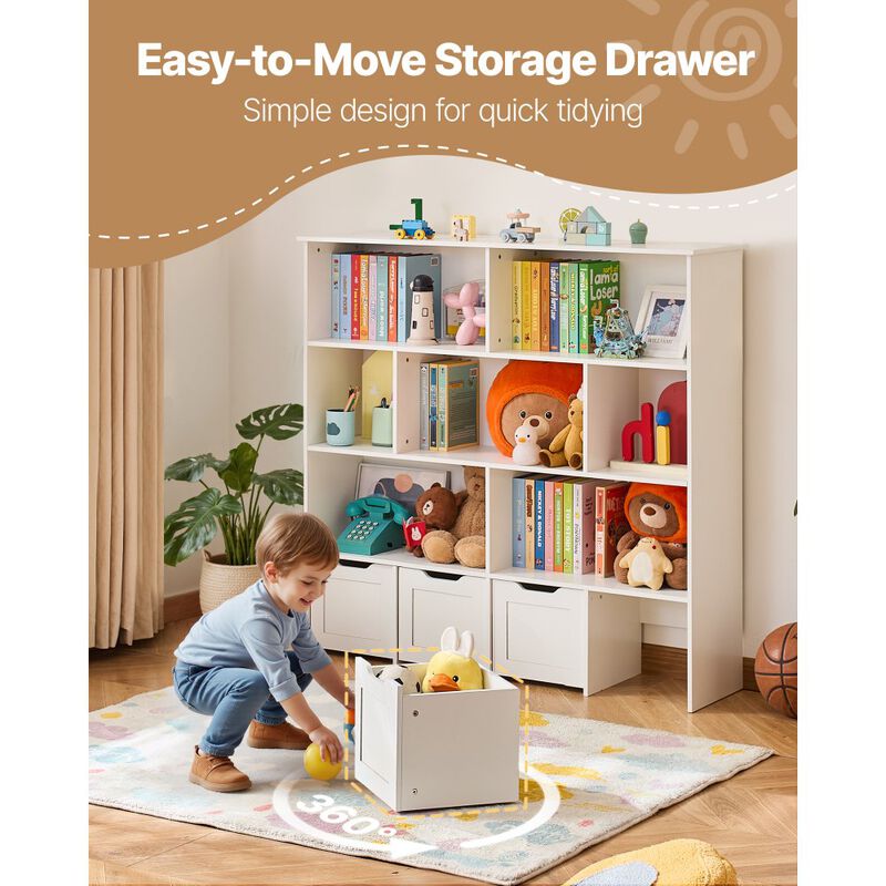 Wooden Kids White Toy Storage Organizer with Bookshelf and 4 Mobile Drawers image number 7
