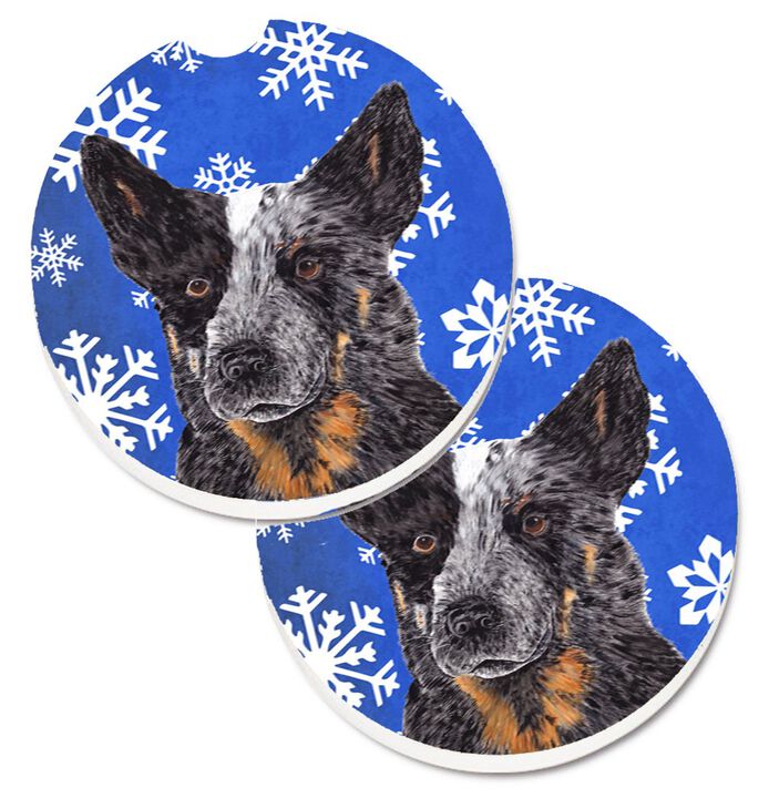 Caroline's Treasures Australian Cattle Dog Winter Snowflakes Holiday Set of 2 Cup Holder Car Coasters SC9396CARC, 2.56, Multicolor