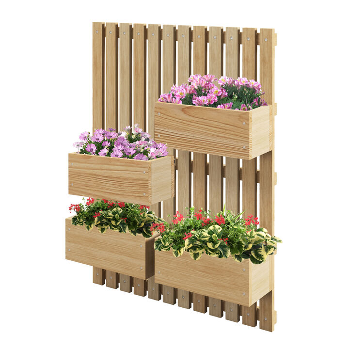 Outsunny 4 Box Raised Garden Bed with Trellis for Vine Flowers & Climbing Plants, 31.5" Tall Wall-Mounted Outdoor Wood Planter Box Set with Adjustable Height, Drainage Hole, Fabric Liners, Natural