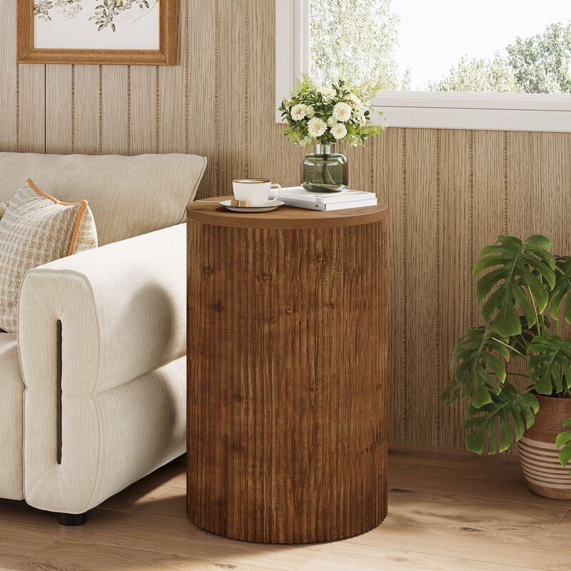 Fluted Solid Wood Round End Table, Side Table with Storage & 4 Wheels-Walnut image number 1